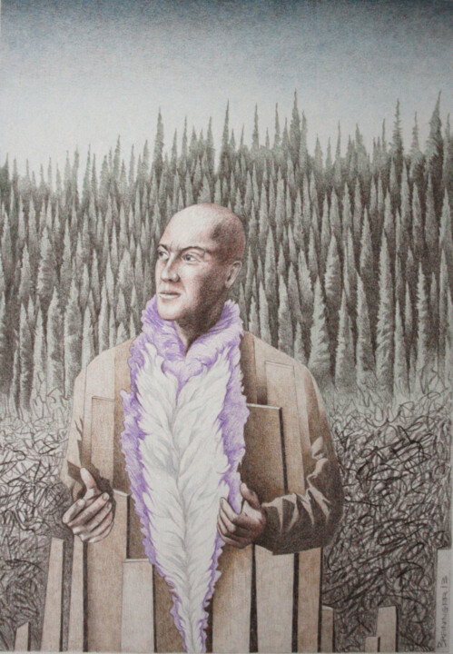 Dessin intitulée "Mann, Holz, Wald" par Oleg Breininger, Œuvre d'art originale, Crayon