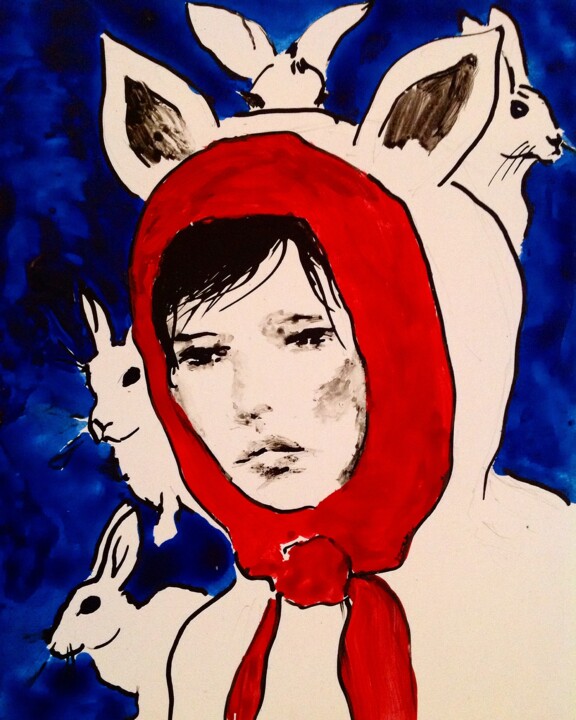 Картина под названием "Girl and hares" - Олег Хе, Подлинное произведение искусства, Акрил