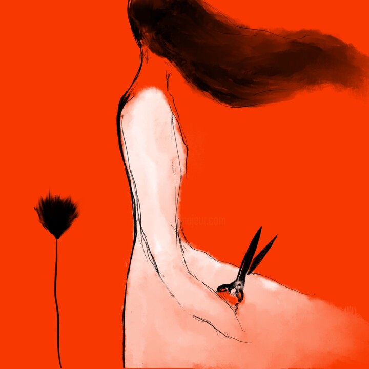 Arts numériques intitulée "A woman with scisso…" par Oleg Khe, Œuvre d'art originale, Peinture numérique