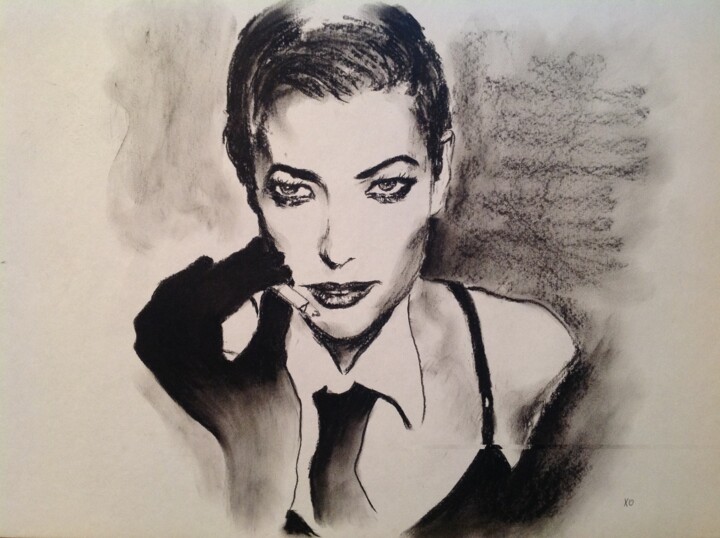 Drawing titled "Model with a cigare…" by Oleg Khe, Original Artwork, Charcoal