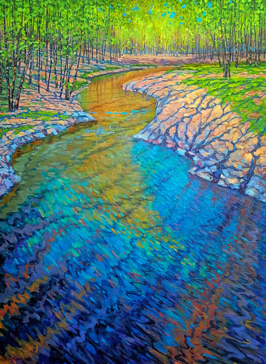 Картина под названием "Весенний ручей" - Олег Короткевич, Подлинное произведение искусства, Масло
