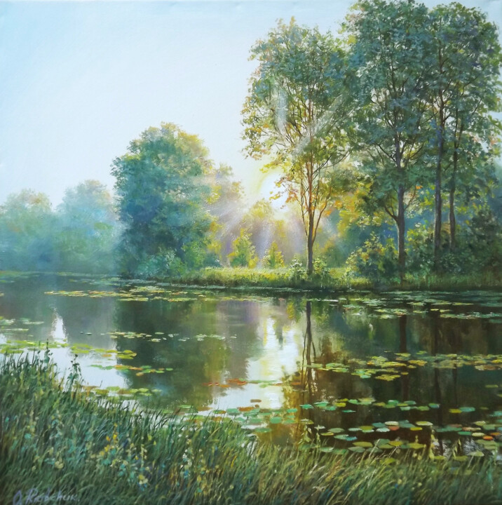Картина под названием "Sunrise on the Rive…" - Oleg Riabchuk, Подлинное произведение искусства, Масло