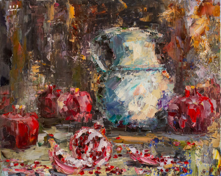 Painting titled "Still life with pom…" by Oleg Sharapanovsky, Original Artwork, Oil Mounted on Wood Stretcher frame