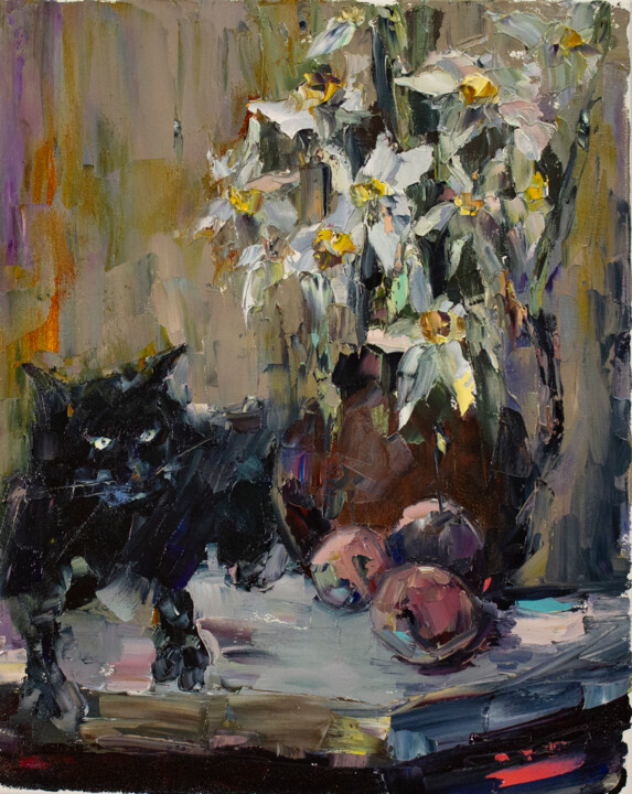 Painting titled "Fluffy Spring Catch…" by Oleg Sharapanovsky, Original Artwork, Oil Mounted on Wood Stretcher frame