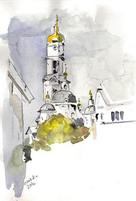 Painting titled "Uspensky cathedral" by Oleg Vakulin, Original Artwork, Watercolor