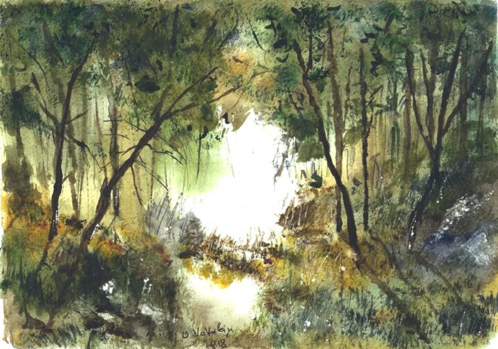 Painting titled "Forest and sun" by Oleg Vakulin, Original Artwork, Watercolor