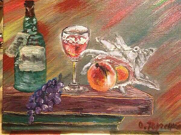 Картина под названием "Вино и фрукты" - Олег Юрченко, Подлинное произведение искусства, Масло