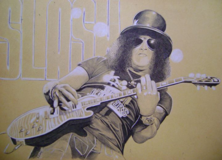 Drawing titled "Slash Guns N' Roses" by Oleg Kozelskiy, Original Artwork, Ballpoint pen