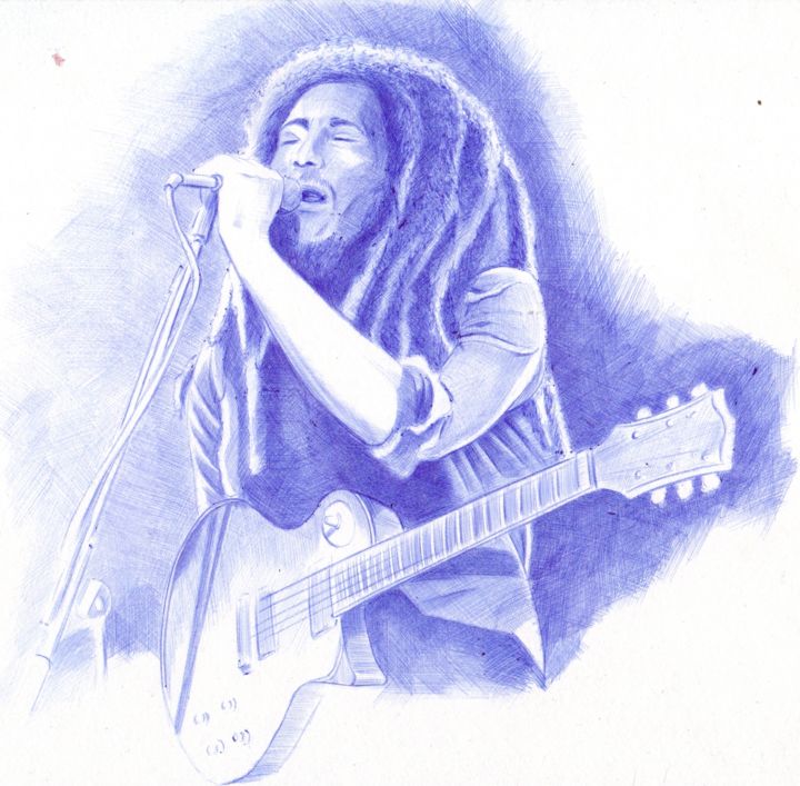 Dessin intitulée "Bob Marley" par Oleg Kozelskiy, Œuvre d'art originale, Stylo à bille