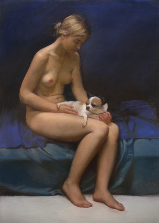 Картина под названием "Girl with a dog" - Oleg Sergeev, Подлинное произведение искусства, Пастель