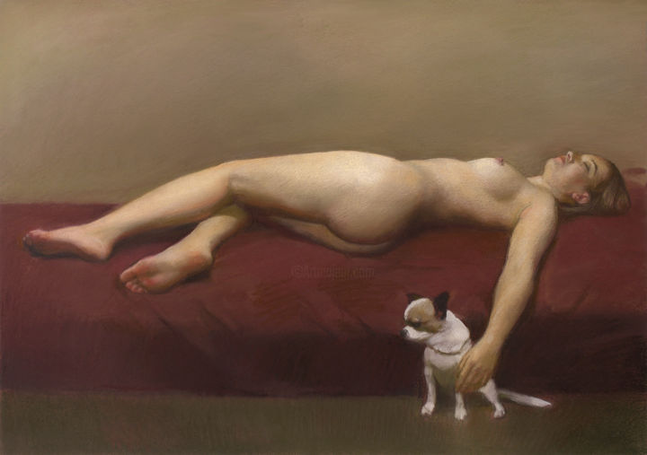 Painting titled "Nude with a dog" by Oleg Sergeev, Original Artwork, Pastel