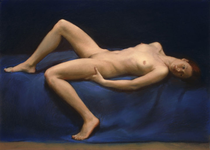 Peinture intitulée "Nude on blue" par Oleg Sergeev, Œuvre d'art originale, Pastel