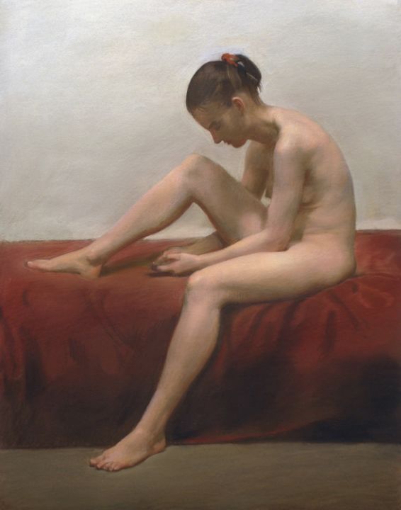 Pintura titulada "Nude on red" por Oleg Sergeev, Obra de arte original, Pastel