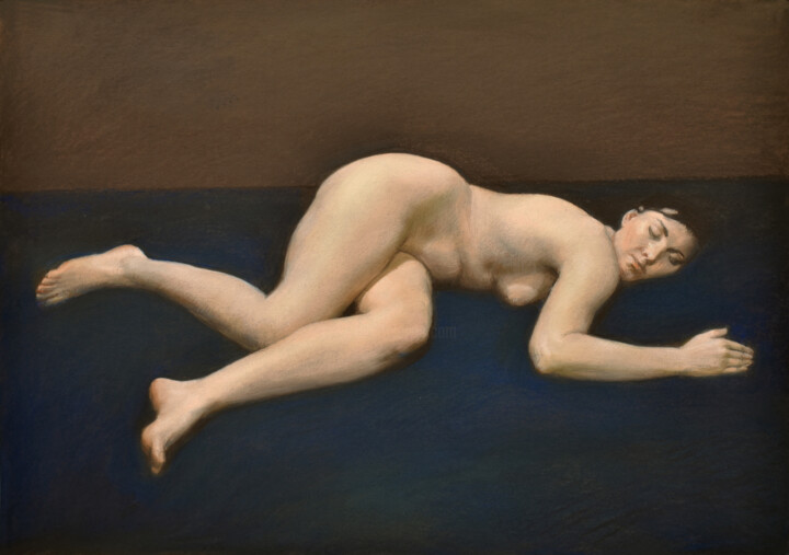 Malerei mit dem Titel "Lying on blue" von Oleg Sergeev, Original-Kunstwerk, Pastell