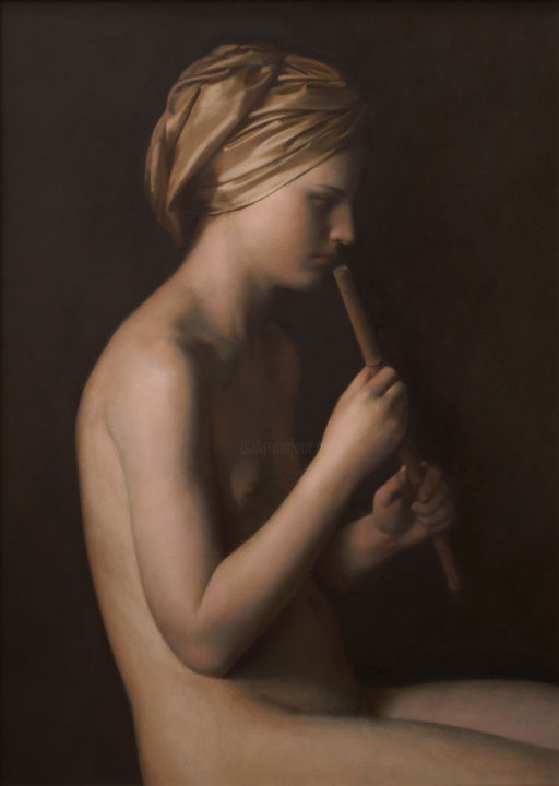 Ζωγραφική με τίτλο "Nude with flute" από Oleg Sergeev, Αυθεντικά έργα τέχνης, Λάδι