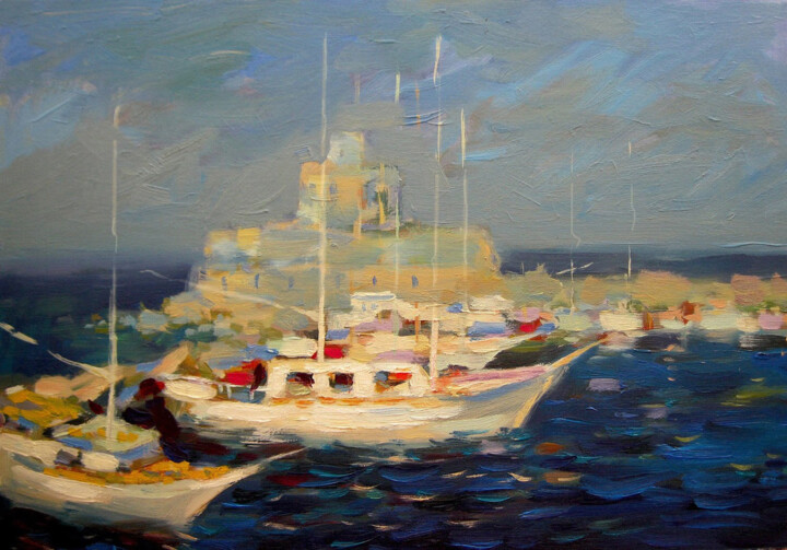 Peinture intitulée "Rhodes yachts" par Oleksandr Bohomazov, Œuvre d'art originale, Huile