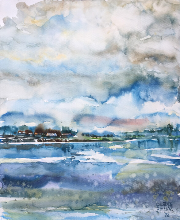 Painting titled "Lake Spring water" by Oleksandr Desiat, Original Artwork, Watercolor