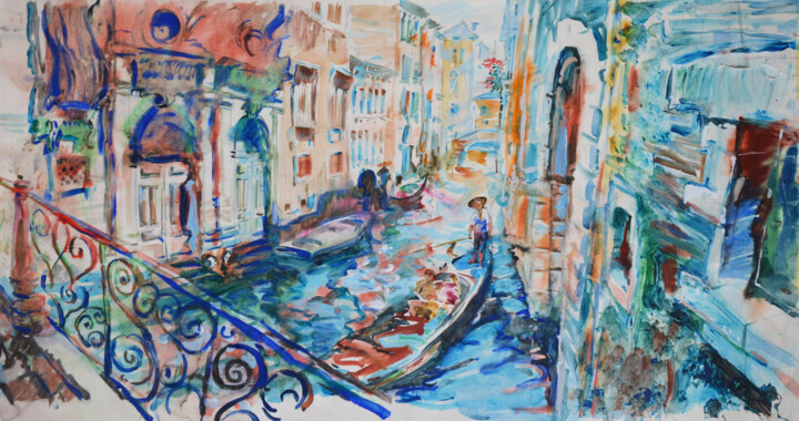 Картина под названием "Sunny walk in Venice" - Oleksandr Desiat, Подлинное произведение искусства, Акварель