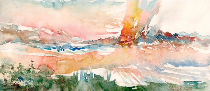 Painting titled "PINK HORIZONS" by Oleksandr Desiat, Original Artwork, Watercolor