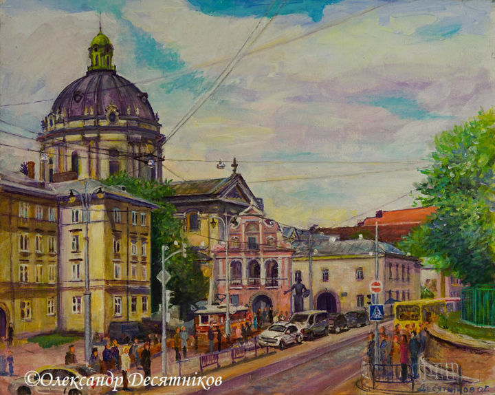 Malerei mit dem Titel "Pidval`na street at…" von Oleksandr Desiatnikov, Original-Kunstwerk, Acryl