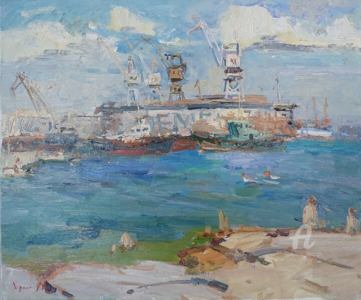 Painting titled "Port. Kerch." by Oleksandr Khrapachov, Original Artwork, Oil