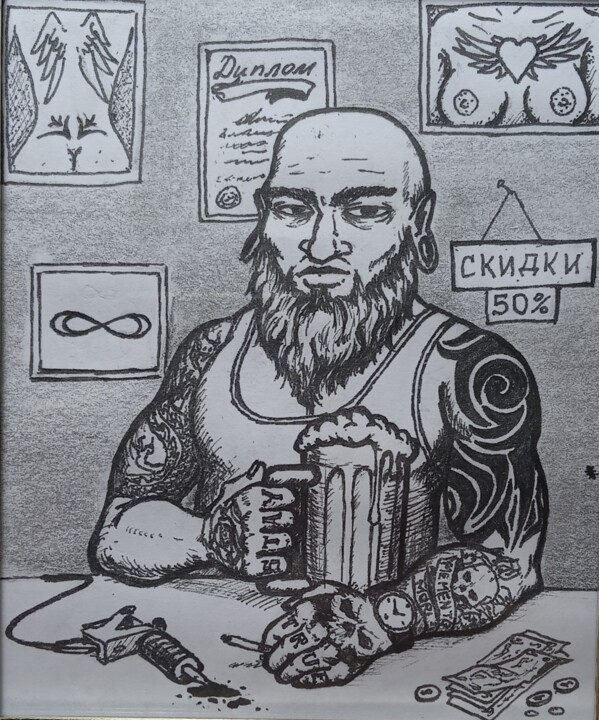 Pintura titulada "Old school tattooer" por Oleksandr Koval, Obra de arte original, Lápiz