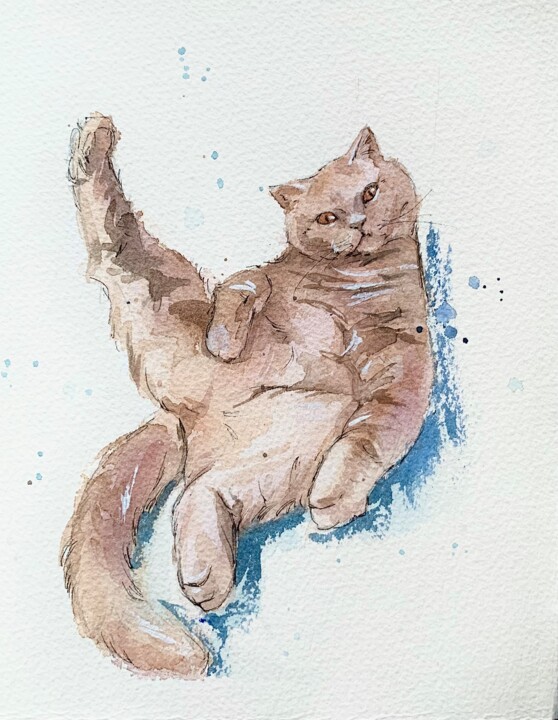 Disegno intitolato "Cat." da Oleksandra Belyaeva, Opera d'arte originale, Acquarello