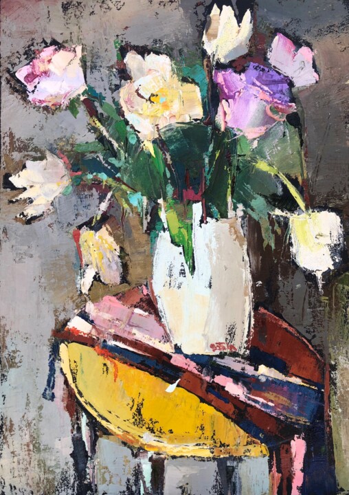 Painting titled "Flowers from the de…" by Oleksandra Bilobran, Original Artwork, Oil