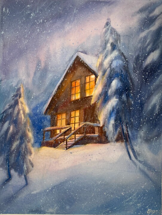Painting titled "Snowy night" by Oleksandra Hoha, Original Artwork, Watercolor