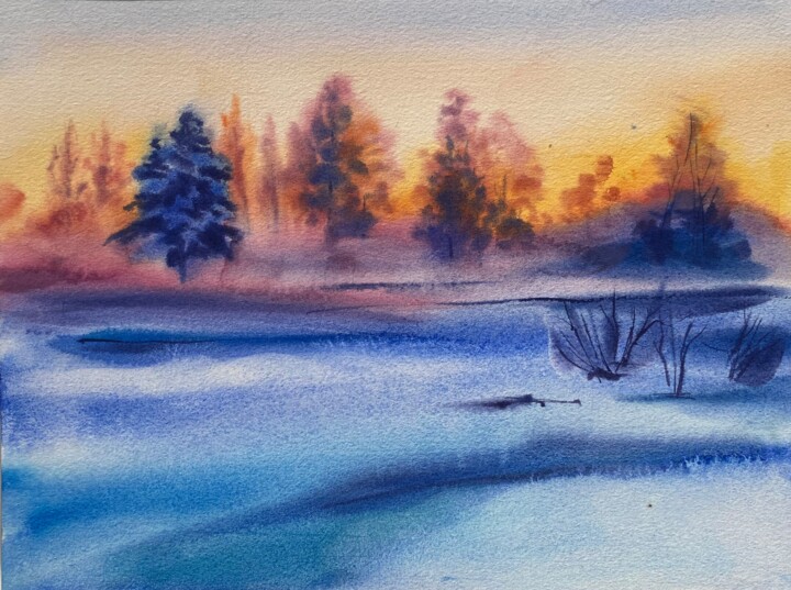 Painting titled "Snowy canvas" by Oleksandra Hoha, Original Artwork, Watercolor