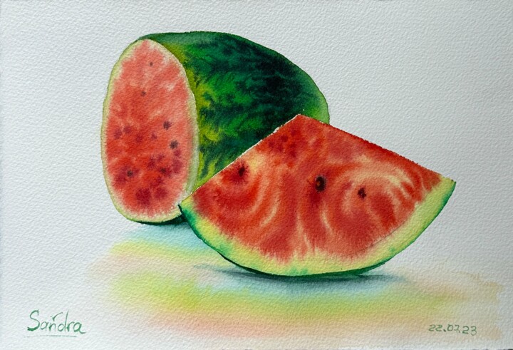 Картина под названием "Sunny watermelon" - Oleksandra Padushyna, Подлинное произведение искусства, Акварель