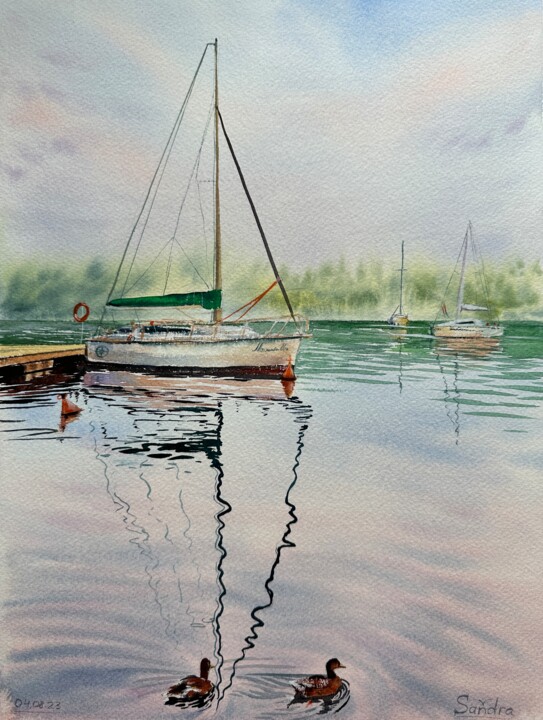 Schilderij getiteld "Peace. Yacht at sun…" door Oleksandra Padushyna, Origineel Kunstwerk, Aquarel