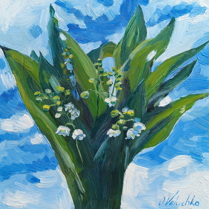 Pittura intitolato "Lilies of the valley" da Oleksandra Velychko, Opera d'arte originale, Olio