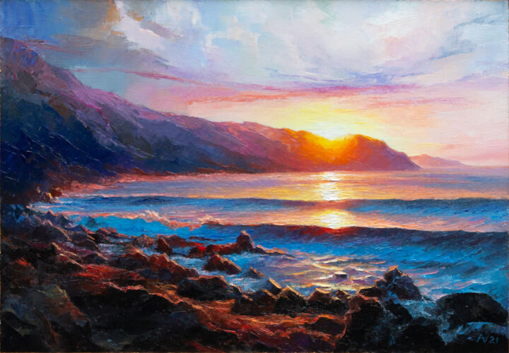 Painting titled "SEA SUNSET 04" by Oleksii Vylusk, Original Artwork, Oil Mounted on Wood Stretcher frame