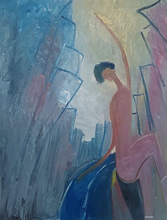 Картина под названием "Nude boy/ City" - Oleksyi Zagumnyi, Подлинное произведение искусства, Масло Установлен на Деревянная…