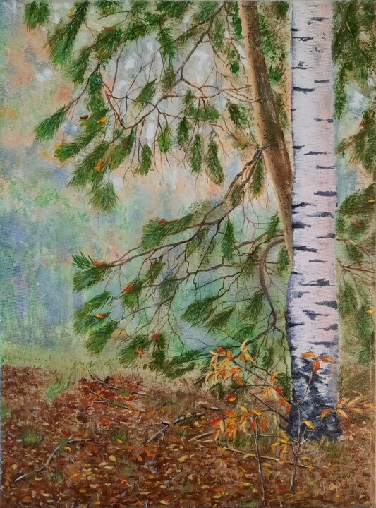 Pintura titulada "Foggy forest" por Olena Berest, Obra de arte original, Oleo