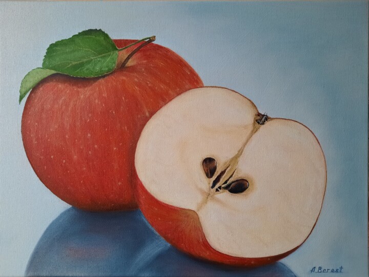 Schilderij getiteld "Apple" door Olena Berest, Origineel Kunstwerk, Olie Gemonteerd op Frame voor houten brancard