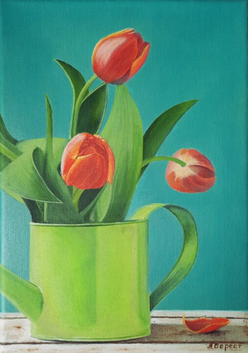 Painting titled "Tulips" by Olena Berest, Original Artwork, Oil Mounted on Wood Stretcher frame