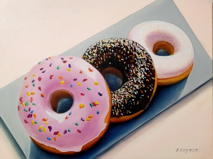 Painting titled "Donuts: Symphony of…" by Olena Berest, Original Artwork, Oil Mounted on Wood Stretcher frame