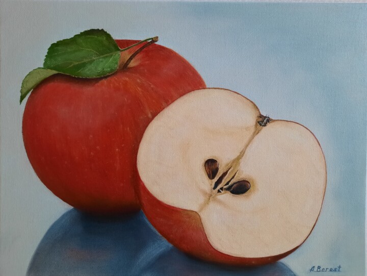 Картина под названием "Apple: Taste of Sum…" - Olena Berest, Подлинное произведение искусства, Масло Установлен на Деревянна…