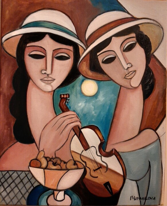 Pintura intitulada "Две женщины и скрип…" por Olena Blinnikova, Obras de arte originais, Óleo Montado em Armação em madeira