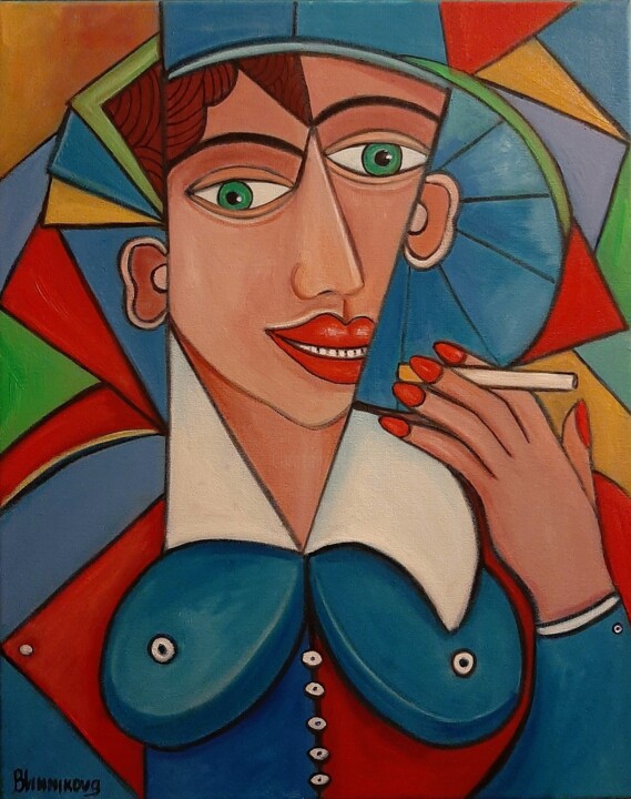 Painting titled "Mulher com um cigar…" by Olena Blinnikova, Original Artwork, Oil Mounted on Wood Stretcher frame