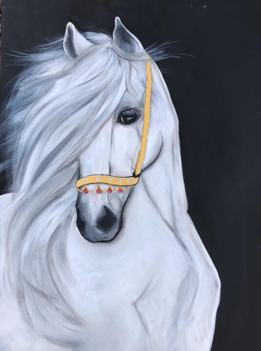 Painting titled "White Horse" by Olena Bunina (Helena Bunina), Original Artwork, Acrylic