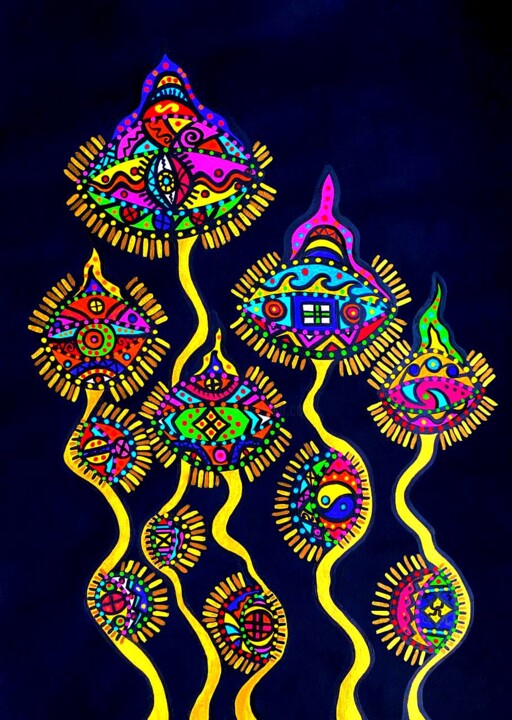 Schilderij getiteld "Magic mushrooms" door Olena Kovalenko, Origineel Kunstwerk, Acryl