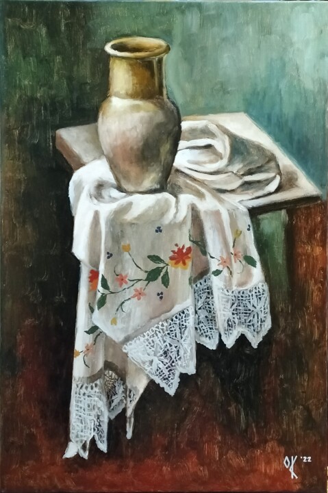 Painting titled "Jug and the Towel" by Olena Kucher, Original Artwork, Oil