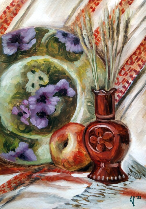 Painting titled "Porcelain and Apple" by Olena Kucher, Original Artwork, Oil