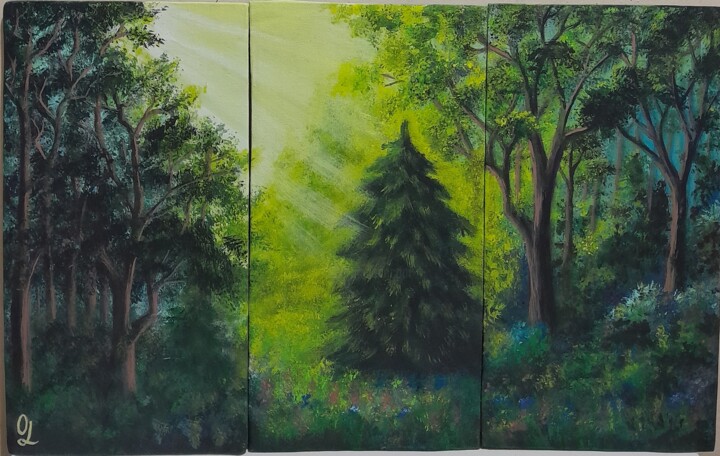 Painting titled "Forest on a bright…" by Olena Lisova, Original Artwork, Acrylic