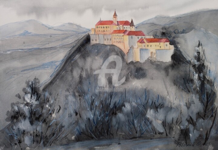 Dibujo titulada "Château de Palanok" por Olena Polovna, Obra de arte original, Acuarela
