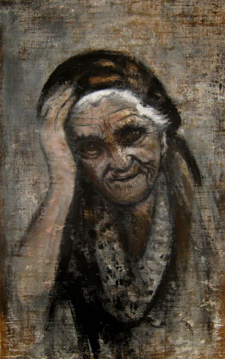 Painting titled "La grand-mère" by Olena Rabitcheva, Original Artwork, Oil
