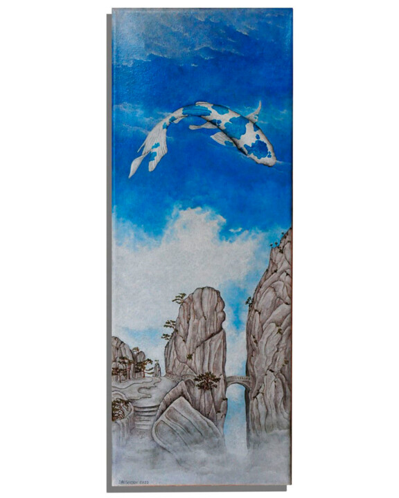 Schilderij getiteld "Koi sky and rocks" door Oleos Heiko, Origineel Kunstwerk, Olie Gemonteerd op Frame voor houten brancard